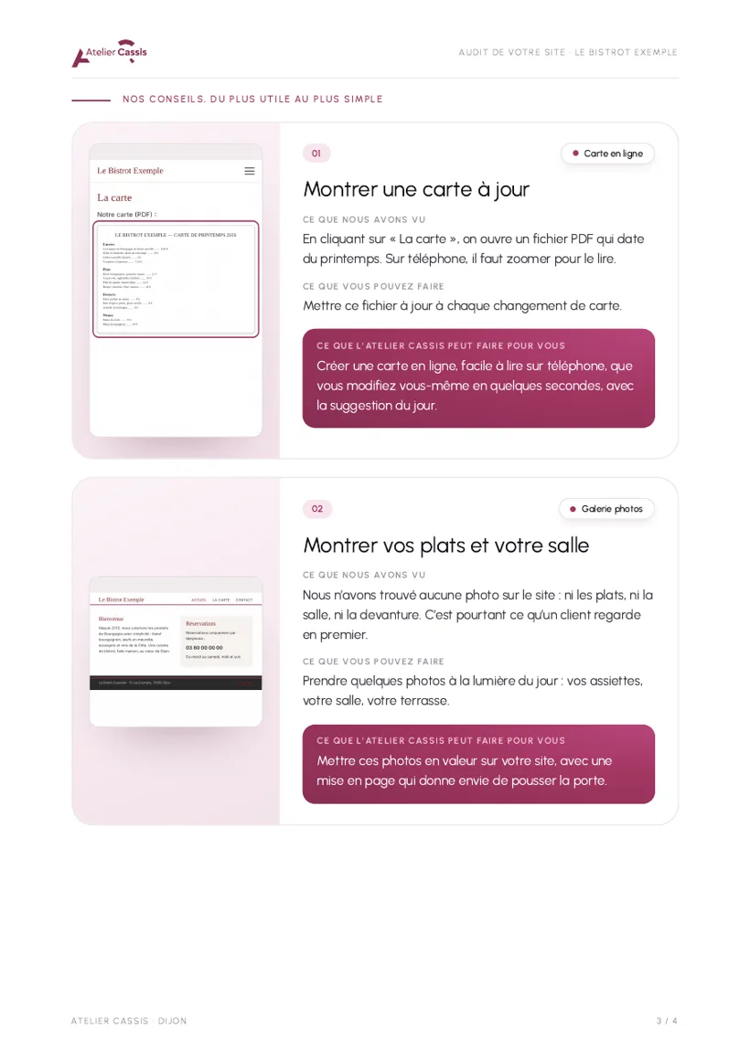 Page de conseils : captures du site et conseils concrets
