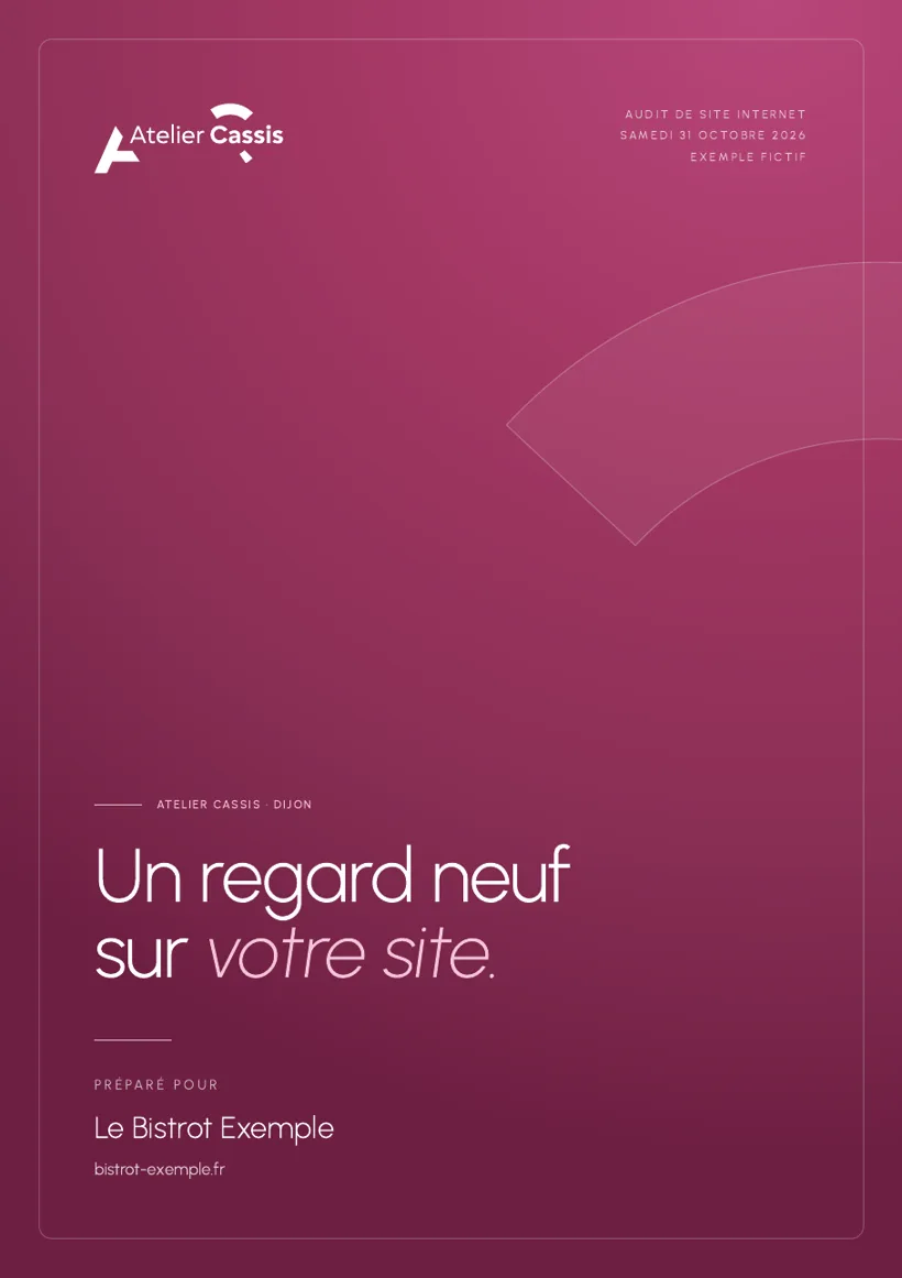Couverture de l’exemple d’audit : « Un regard neuf sur votre site », préparé pour Le Bistrot Exemple