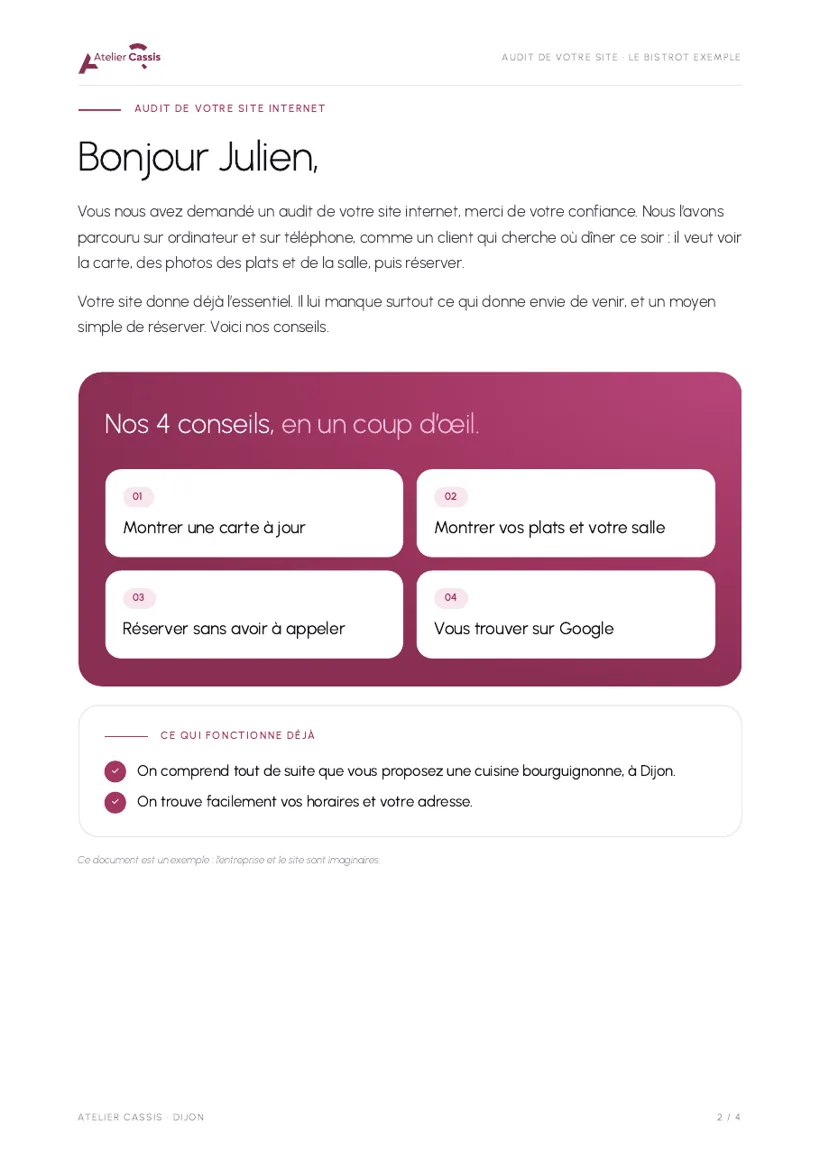 Première page de l’audit : introduction et sommaire des 4 conseils