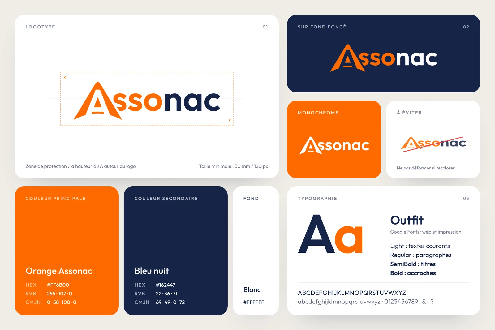 Charte graphique d’Assonac : logo, couleurs et typographie Outfit
