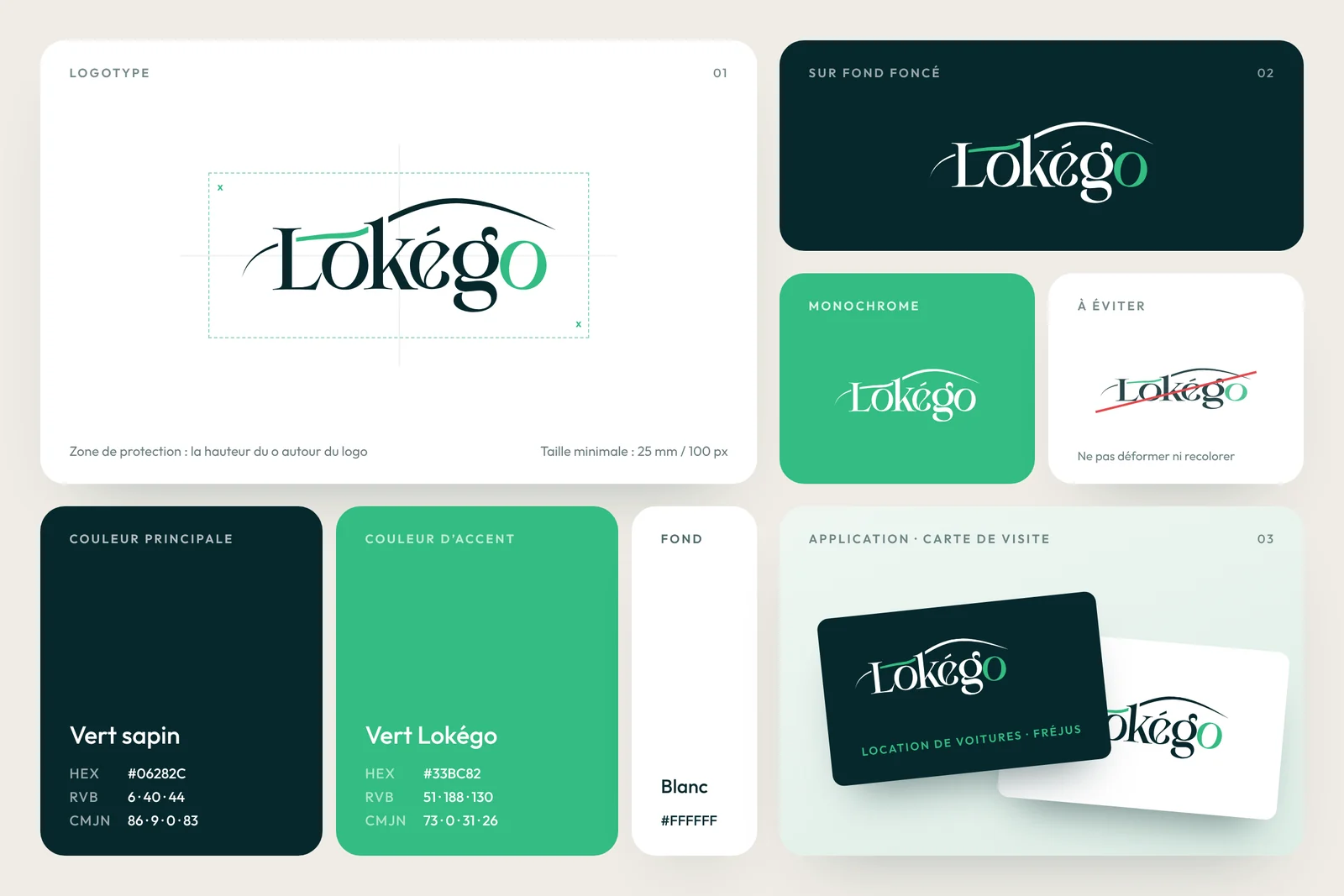 Charte graphique de Lokégo, location de voitures à Fréjus : logo, couleurs et carte de visite
