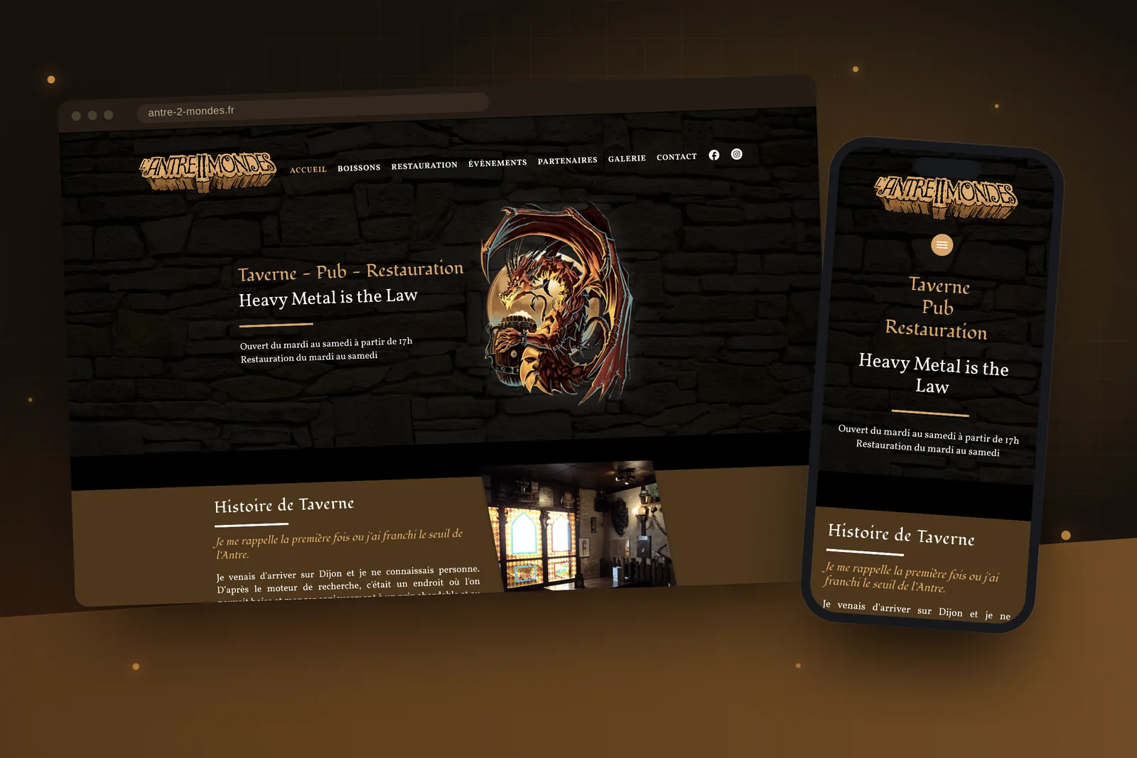 Site internet du pub Antre 2 Mondes à Dijon, sur ordinateur et mobile