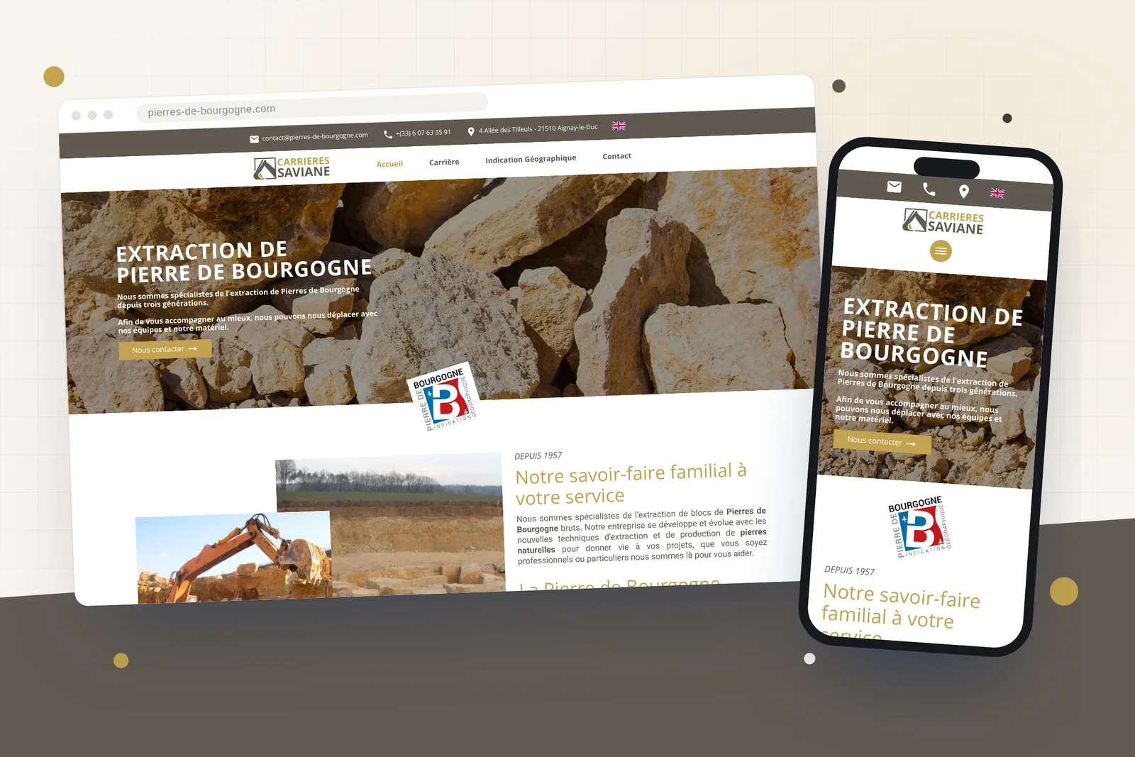 Site internet des Carrières Saviane, extraction de Pierre de Bourgogne en Côte-d’Or, sur ordinateur et mobile