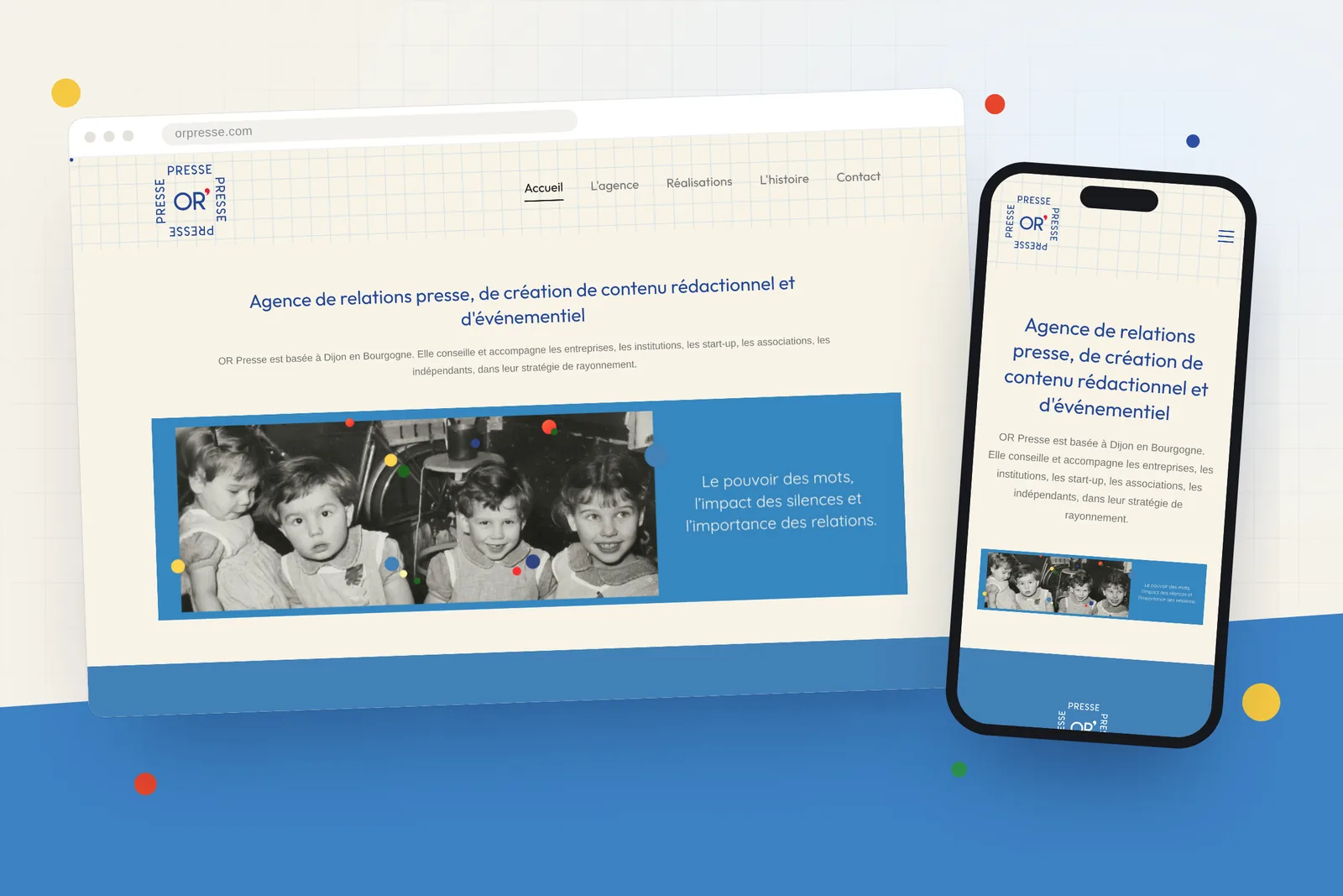 Site internet d’Or Presse, agence de relations presse à Dijon, sur ordinateur et mobile