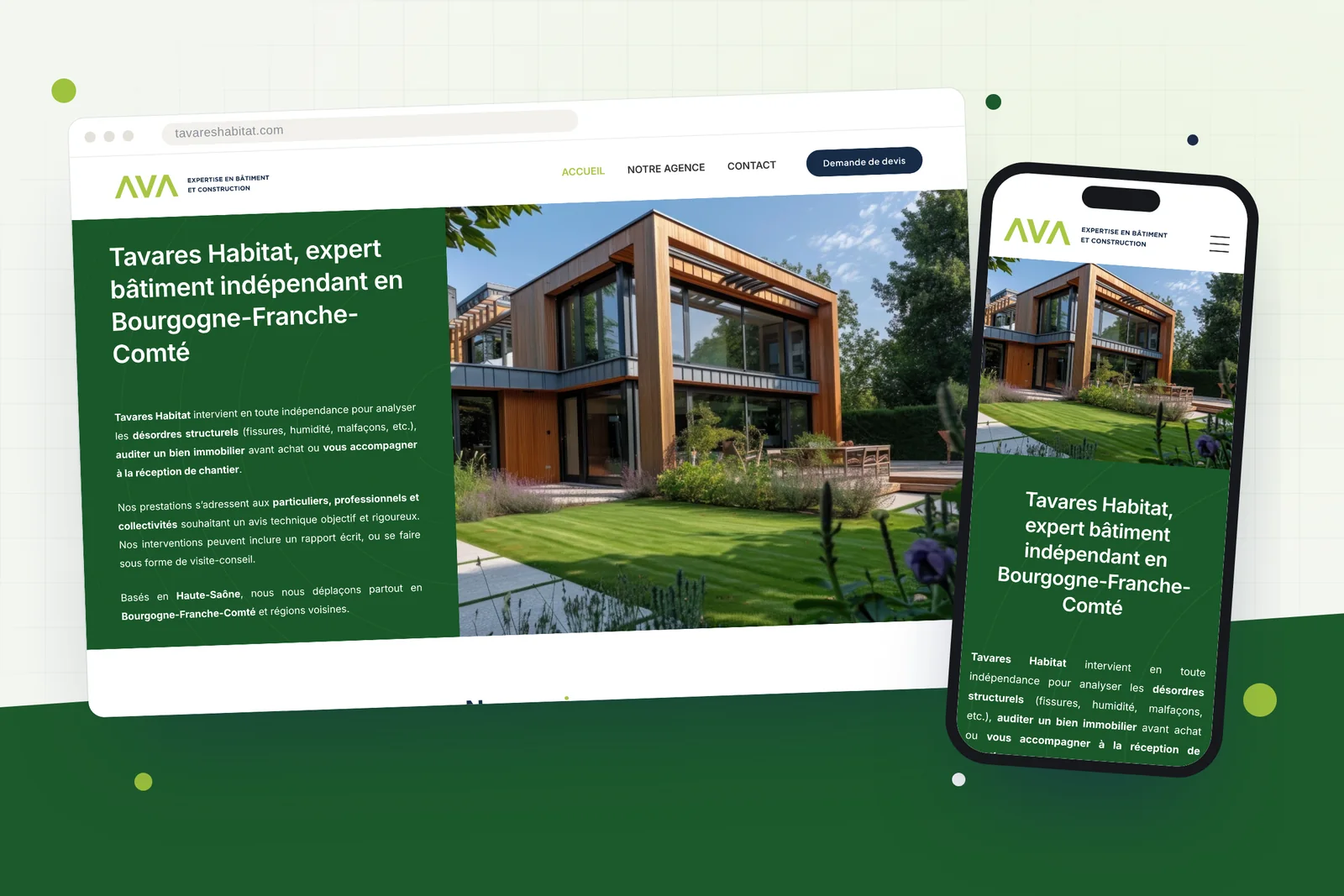 Site internet de Tavares Habitat, expert bâtiment en Bourgogne-Franche-Comté, sur ordinateur et mobile