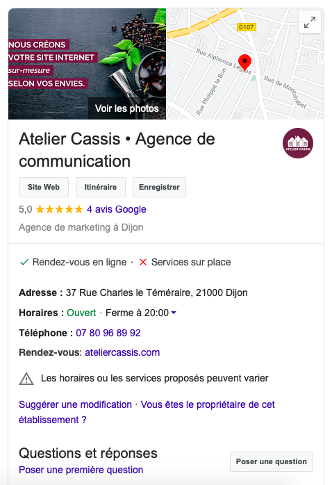 Fiche Google My Business Agence de communication à Dijon